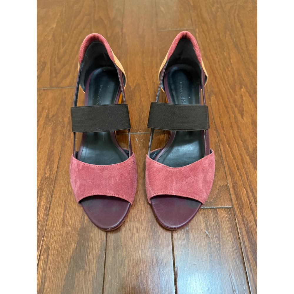 Solo Lab Co HL317 Women Colorblock‎ Suede Leather Low Wedge Sandals Pink Tan 36